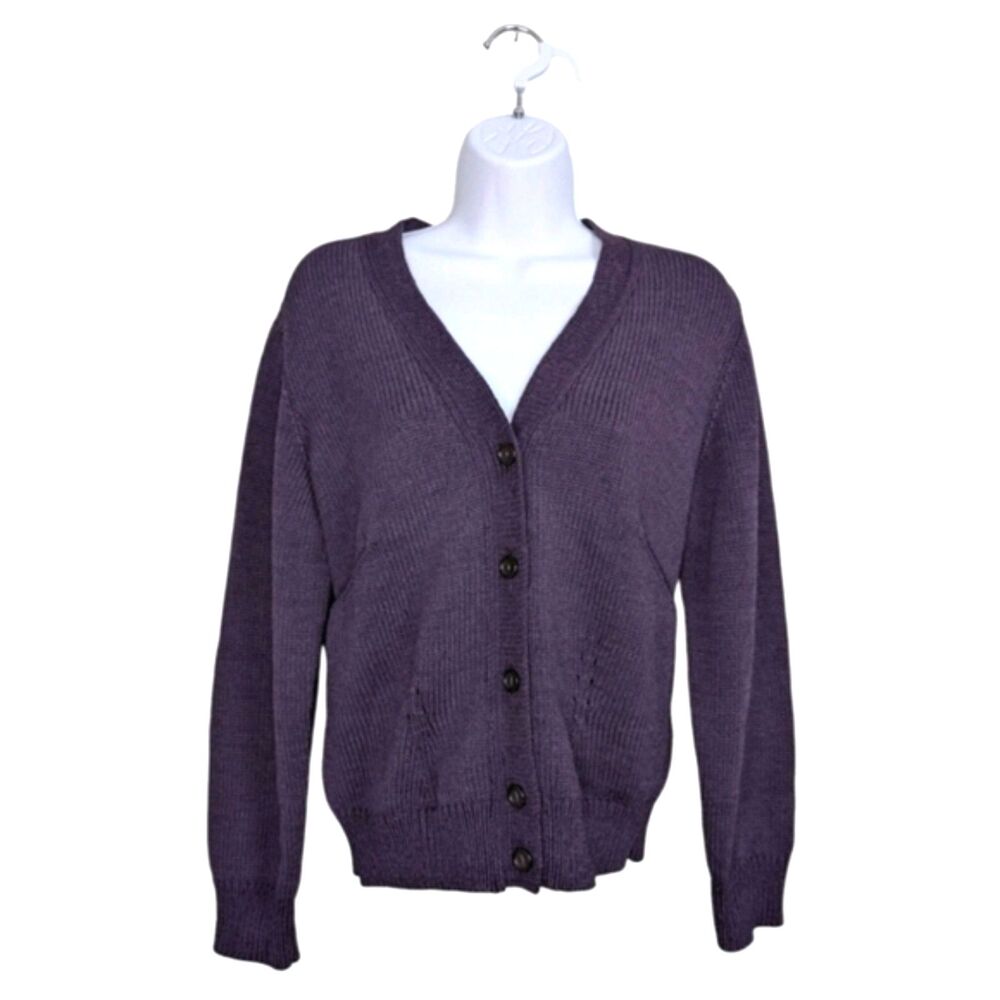 Mila Schön Woman Wool Purple Knit Cardigan Sweater Buttons Front V-Neck Cozy M